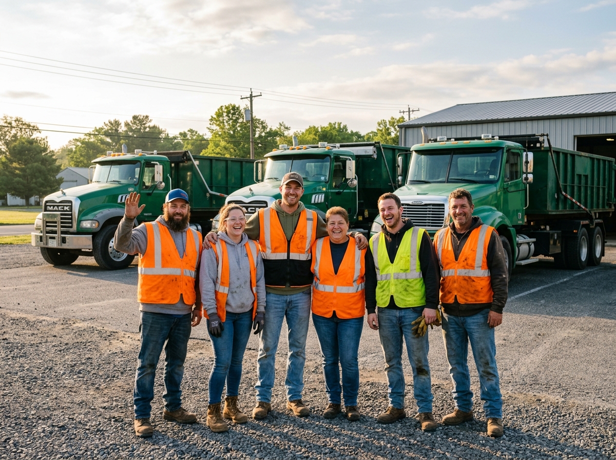 Camden County Dumpster Rental crew with roll-off delivery trucks