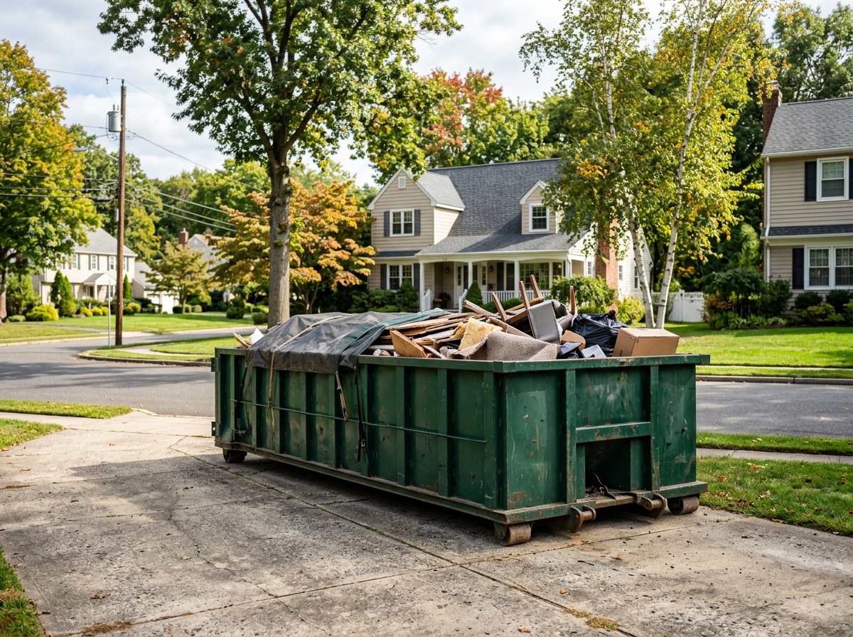 Full roll-off dumpster in a driveway ready for pickup after a home cleanout