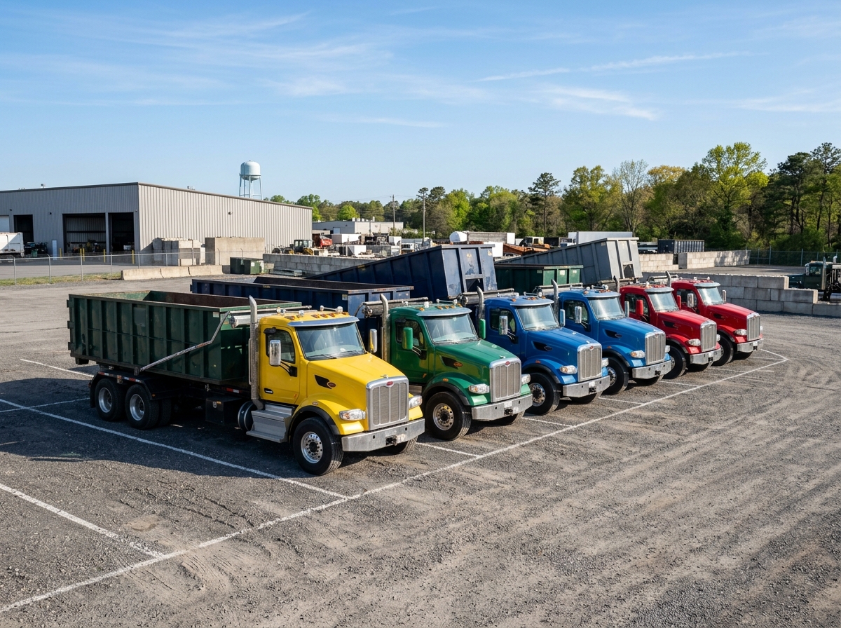 Dumpster delivery trucks at a South Jersey depot